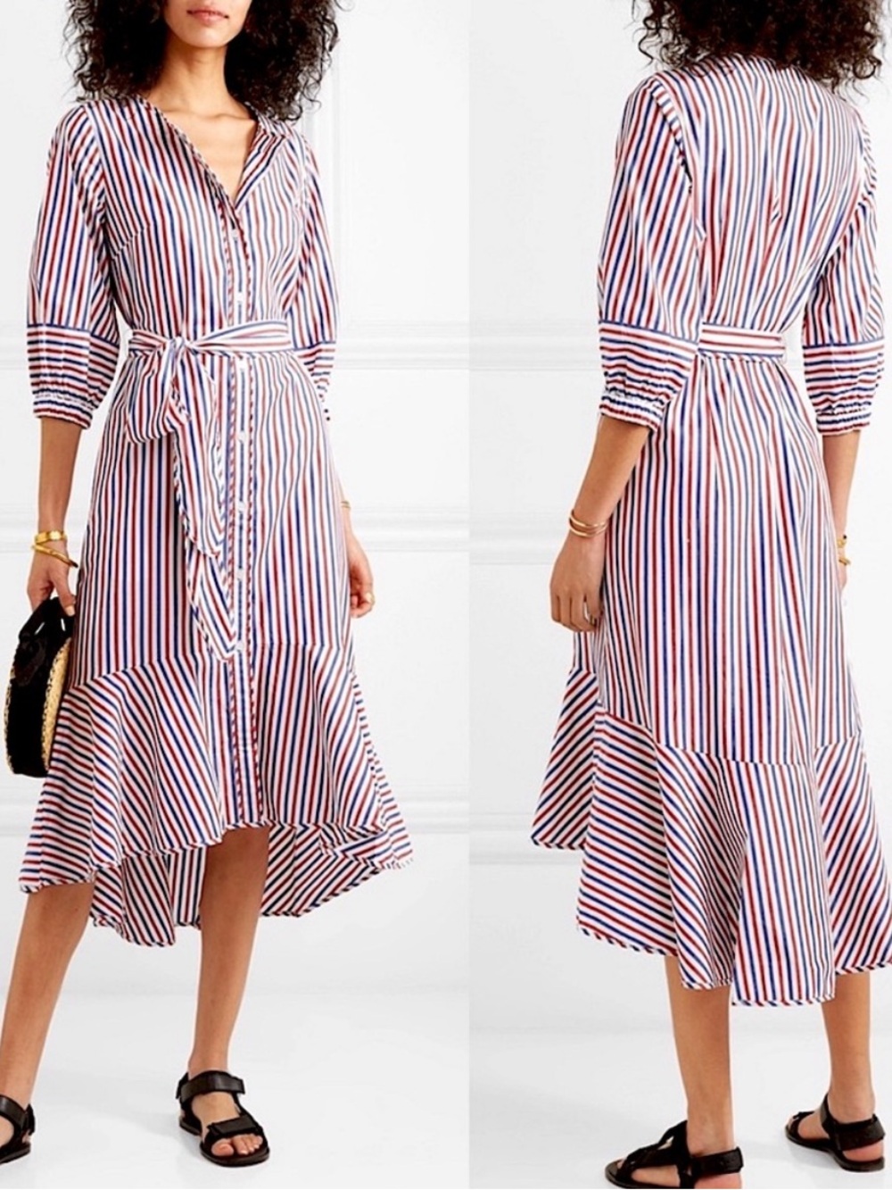 J. Crew Gabriola Red White Blue Striped Cotton Midi Shirt Dress Americana Sz 10